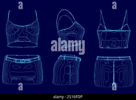 Série de dessins bleus de vêtements pour femmes, y compris un haut, un short et une jupe Illustration de Vecteur