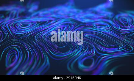 Visualisation de données futuristes abstraites avec des lignes courbes multicolores brillantes sur un fond sombre. Banque D'Images