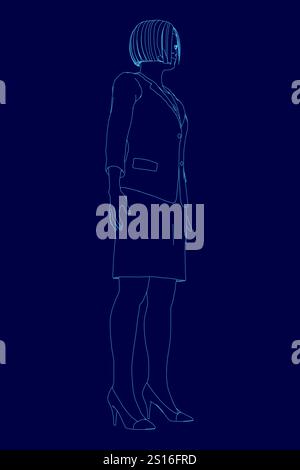 Femme dans un costume d'affaires se tient devant un fond bleu. Le costume est noir et la jupe est bleue. La femme porte des talons hauts Illustration de Vecteur