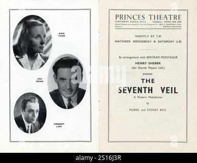 Pages intérieures de Programme for Princes Theatre, Shaftesbury Avenue, Londres pour ANN TODD LEO GENN (remplaçant James Mason du film) et HERBERT LOM dans une version scénique de 1951 du film de 1945 LE SEPTIÈME VOILE adapté par MURIEL et SYDNEY BOX DE leur propre histoire originale / scénario et présenté à partir du 14 mars 1951. Banque D'Images