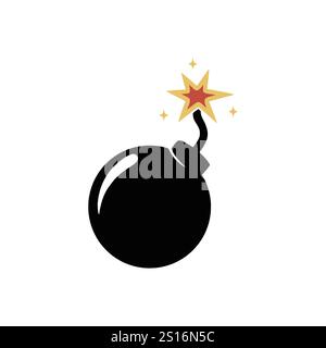 Bombe ronde avec une mèche brûlante dans un design plat. Bombe sphérique avec illustration de signe de fusible de feu, vecteur. Illustration de Vecteur