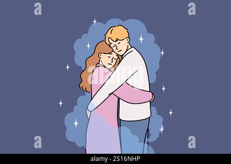Embrasse l'homme et la femme pour soutenir l'autre moitié dans les moments difficiles de la vie et dans les situations stressantes. Câlins entre petit ami et petite amie pour le confort après des problèmes ou la mort d'un être cher Illustration de Vecteur