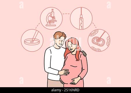 Jeune couple a utilisé la fécondation in vitro pour devenir enceinte et donner naissance à son propre enfant. Symboles de fécondation in vitro sur l'homme et la femme visitant la clinique pour la FIV ou l'accouchement de substitution Illustration de Vecteur