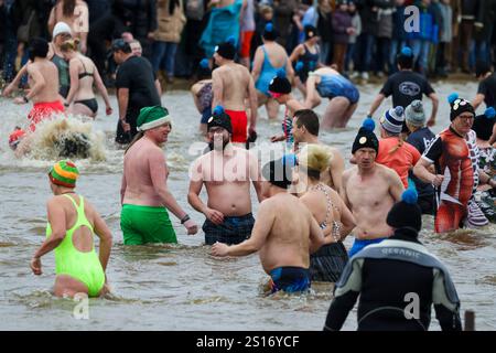 Haltern am See, Allemagne. 1er janvier 2025. Les participants sont dans l'eau à la baignade du nouvel an dans le réservoir Haltern. Crédit : Christoph Reichwein/dpa/Alamy Live News Banque D'Images