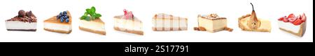 Ensemble de morceaux de cheesecake savoureux sur fond blanc Banque D'Images