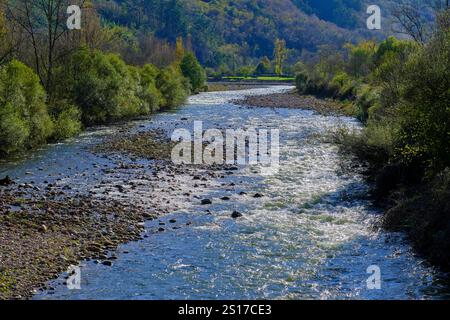 Une vue pittoresque sur la rivière Saja qui coule à travers la vallée de Cabuerniga en Cantabrie, Espagne. Les eaux claires de la rivière reflètent la lumière du soleil, bordere Banque D'Images