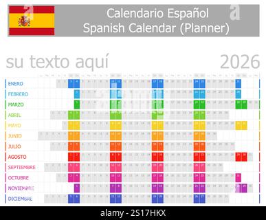 Calendrier planificateur espagnol 2026 avec mois horizontaux sur fond blanc Illustration de Vecteur