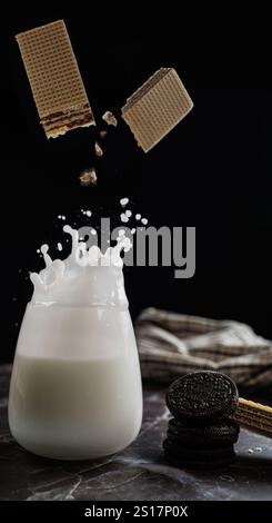 Milk Splash de biscuit tombe dans le verre sur un fond noir. Concept laitier. Du lait végétalien végétal sans lait éclaboussure dans le verre. Copier l'espace. Banque D'Images