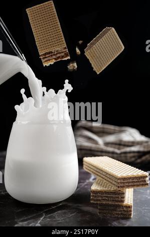 Milk Splash de biscuit tombe dans le verre sur un fond noir. Concept laitier. Du lait végétalien végétal sans lait éclaboussure dans le verre. Copier l'espace. Banque D'Images