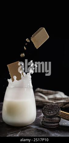 Milk Splash de biscuit tombe dans le verre sur un fond noir. Concept laitier. Du lait végétalien végétal sans lait éclaboussure dans le verre. Copier l'espace. Banque D'Images