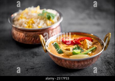 Cuisine indienne Thali combine un repas de style indien avec du poulet, de la viande, du roti, du riz et de la salade. Combinaisons alimentaires indiennes. Copyspace Banque D'Images