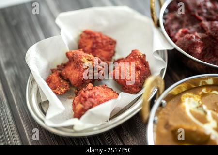 Cuisine indienne Thali combine un repas de style indien avec du poulet, de la viande, du roti, du riz et de la salade. Combinaisons alimentaires indiennes. Copyspace Banque D'Images