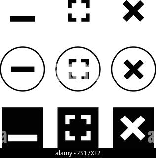 Réduire, agrandir et Fermer le vecteur d'icône de bouton. Éléments de la fenêtre de l'application mobile. Boutons multi-Web. Agrandir et réduire les boutons ronds et carrés Illustration de Vecteur