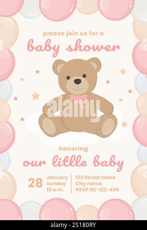 Carte d'invitation de douche de bébé pour la célébration de bébé et de nouveau-né enfant. Carte de voeux avec ours en peluche. Illustration de Vecteur