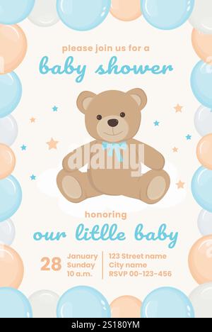 Carte d'invitation de douche de bébé pour la célébration du nouveau-né de bébé et d'enfants. Carte de voeux avec ours en peluche. C'est un garçon. Illustration de Vecteur