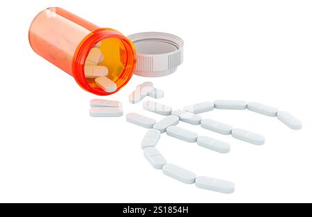 Bouteille médicale avec des pilules, débordant en forme de signe euro. Rendu 3D isolé sur fond blanc Banque D'Images