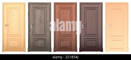 Portes d'entrée avec cadre de porte de bois différent. Rendu 3D isolé sur fond blanc Banque D'Images