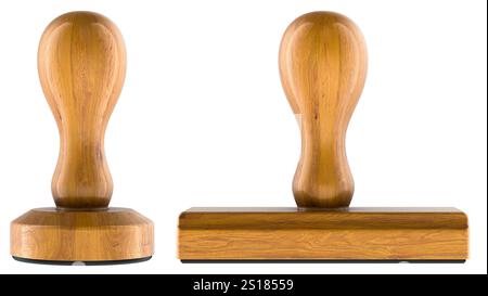 Timbres en caoutchouc bois, formes rondes et rectangulaires. Rendu 3D isolé sur fond blanc Banque D'Images