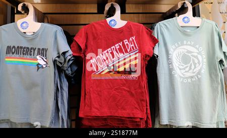 T-shirts de l'aquarium de Monterey Bay exposés dans la boutique de cadeaux de l'aquarium ; attractions de Monterey, Californie. Banque D'Images