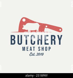 Couteau de boucher avec symbole de cochon à l'intérieur. Idéal pour boucher, boucherie, magasin de boeuf, marché, modèle de conception de logo rétro Hipster Vintage. Illustration de Vecteur