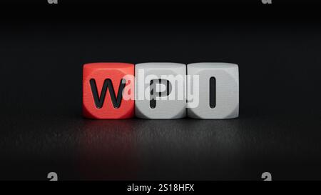 Cubes en bois avec le mot WPI.Close Up d'éléments en bois, Business concept.3D rendu sur fond noir. Banque D'Images