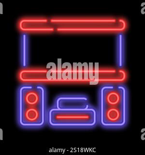 Home Cinéma lumineux au néon avec enceintes et écran de projection. Équipement Home Cinema haut de gamme. Icône de néon brillant isolé sur fond noir Illustration de Vecteur