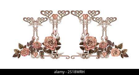 Composition horizontale avec roses botaniques, vignettes, symbole de cœur, dans une palette rose-brun. Clipart aquarelle vintage pour cadre, bordure pour weddin Banque D'Images