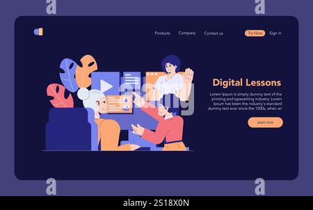 Concept d'éducation technologique intergénérationnelle. La personne âgée apprend de tuteur plus jeune sur un ordinateur. Partage de compétences numériques et transfert de connaissances. Illustration vectorielle. Illustration de Vecteur