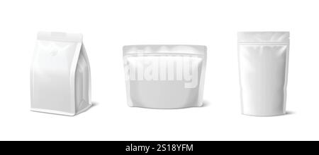Sacs en papier blanc mis isolé sur fond. Illustration réaliste vectorielle de maquettes de pochette 3D avec fermeture éclair et surface vierge pour la marque du produit, la nourriture refermable, le café, le thé, l'emballage de collation Illustration de Vecteur