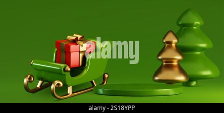 Composition 3d de Noël avec traîneau vert, boîte cadeau rouge et arbre métallique derrière un podium circulaire - scène hivernale festive avec des éléments décoratifs dorés. Promotion vacances de Noël et affichage saisonnier. Illustration de Vecteur