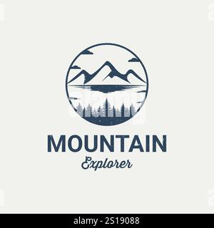 Logo de montagne cercle d'emblème extérieur - aventure faune conception de forêt de pins, randonnée nature exploration, camping feu de camp alpin himalaya Illustration de Vecteur