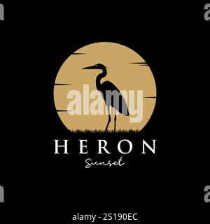 Heron logo concept silhouette dans un coucher de soleil en cercle Illustration de Vecteur