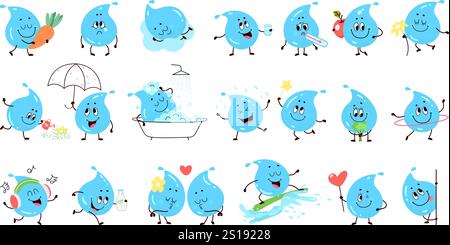Gouttes d'eau drôles. Autocollants émotionnels ou mascottes enfantines. Personnages liquides positifs de dessins animés buvant la formation de repos mangeant, de nos jours clipart vectoriel Illustration de Vecteur
