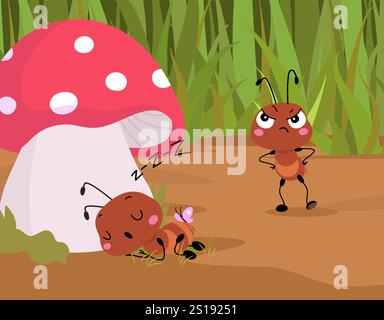 Repos et fourmis en colère. Scène de conte de fées de dessin animé avec deux insectes, fourmi dormant sous un champignon et ne fonctionne pas. Freelance, couple mignon de forêt sauvage, vecteur Illustration de Vecteur