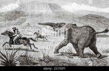 L'explorateur anglais Baker est chargé par un éléphant lors d'une expédition de chasse lors de son voyage en Afrique de l'est. Voyage au lac Albert, 1861-1864 par Samuel White Baker (1821-1893) le Tour du monde 1867 Banque D'Images