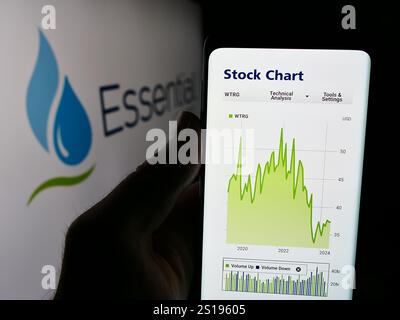 Stuttgart, Allemagne. 6 juillet 2024. Dans cette illustration photo, une personne tient un téléphone portable avec le site Web de la société américaine Essential Utilities Inc devant le logo. (Crédit image : © timon Schneider/SOPA images via ZUMA Press Wire) USAGE ÉDITORIAL SEULEMENT ! Non destiné à UN USAGE commercial ! Banque D'Images