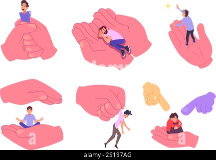 Mains tenant des personnes. Illustrations conceptuelles avec une grande main et de minuscules personnages modèle exact d'annonces de psychologie vectorielle Illustration de Vecteur