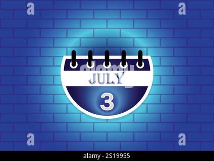 Une page de calendrier stylisée montrant le 3 juillet, surlignée contre un mur de briques bleues. Le design est propre et moderne, adapté à diverses utilisations. Illustration de Vecteur