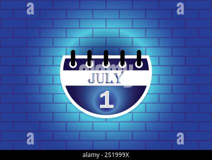 Une page de calendrier stylisée montrant le 1er juillet, surlignée contre un mur de briques bleues. Le design est propre et moderne, adapté à diverses utilisations. Illustration de Vecteur