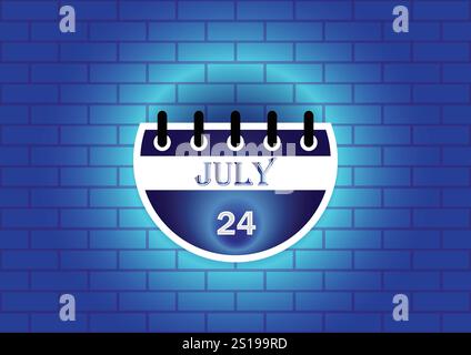 Une page de calendrier stylisée montrant le 24 juillet, surlignée sur un fond de mur de briques bleues. Le design est propre et moderne Illustration de Vecteur