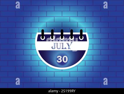 Une page de calendrier stylisée montrant le 30 juillet. La conception comporte un calendrier circulaire contre un mur de briques bleues, mis en évidence avec une lueur douce. Illustration de Vecteur