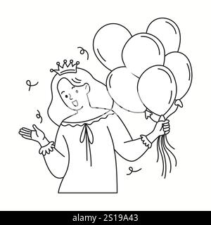 Femme joyeuse avec couronne et ballons à l'icône linéaire d'anniversaire. Joyeuse dame exprimant l'humeur des vacances doodle personnage doodle illustration de ligne mince Illustration de Vecteur