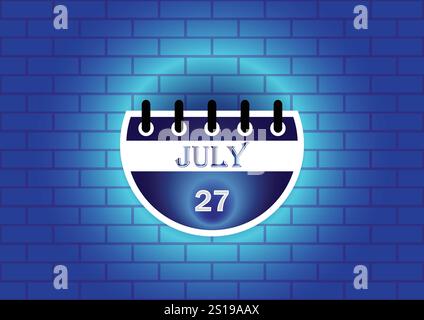 Une page de calendrier stylisée montrant le 27 juillet. La conception comporte un calendrier circulaire contre un mur de briques bleues, mis en évidence avec une lueur douce. Illustration de Vecteur