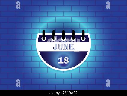 Une page de calendrier stylisée affichant le 18 juin. Le design présente un schéma de couleurs bleu et blanc, placé sur un fond de mur de briques bleues texturées Illustration de Vecteur