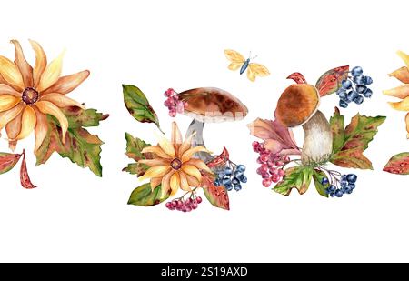 Automne frontière sans couture de champignons avec fleur jaune et baies de rowan à l'aquarelle isolé. Coneflowers et chokeberry noir peint. Répété Banque D'Images