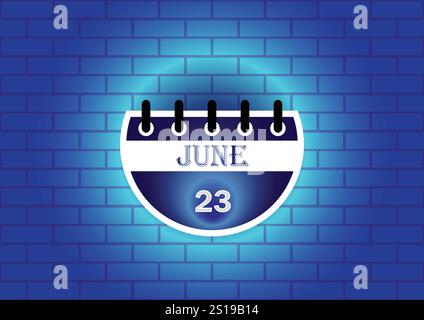 Une page de calendrier stylisée affichant le 23 juin Le calendrier est circulaire et présente un schéma de couleurs bleu et blanc. Il est placé contre un bleu texturé Illustration de Vecteur