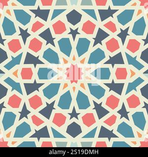 Un motif géométrique islamique traditionnel avec des formes d'étoiles répétitives et des formes polygonales dans les tons bleu, orange et beige. Motif sans couture. Illustration de Vecteur