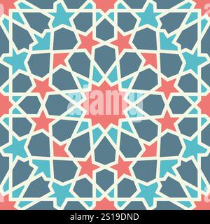 Un design géométrique islamique traditionnel avec des formes répétitives d'étoiles et de polygones dans des tons contrastants de rose, bleu et beige. Motif sans couture. Illustration de Vecteur