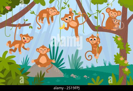 Des singes s'accrochent aux vignes. Singe drôle dans la forêt tropicale, méditation, manger de la banane, s'amuser. Animaux sauvages exotiques de dessin animé mignons, vecteur classe Illustration de Vecteur