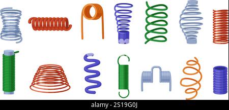Dessins animés divers ressorts. Ressort métallique, bobines slinky isolées. Éléments flexibles pour les techniques, l'équipement de réparation, le fil d'acier sous pression, vecteur de nos jours Illustration de Vecteur